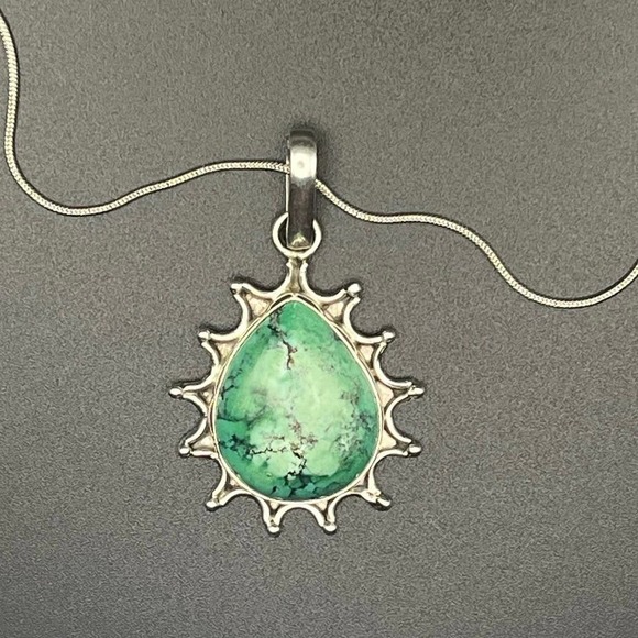Sterling Silver Turquoise Pendant Necklace Teardrop Sunburst Southwestern Style - Picture 1 of 4